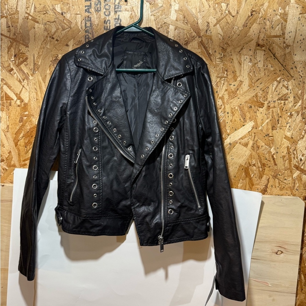 Collection B Newyork Faux-Leather Moto Zip Up Jacket Black SZ Med Pockets Beads